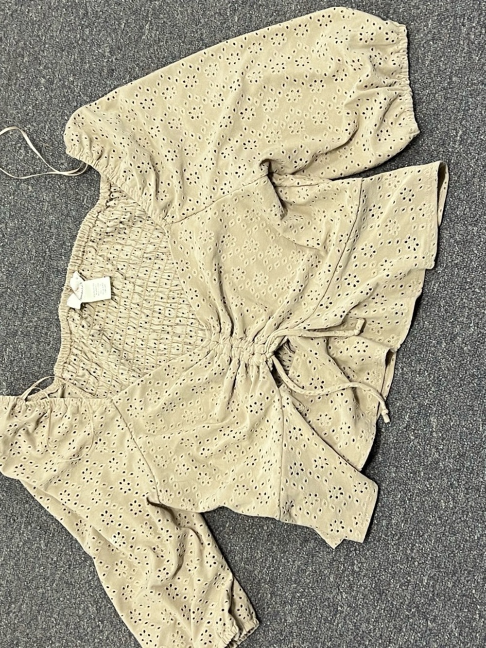 Eyelet Drawstring Peasant Top in Beige